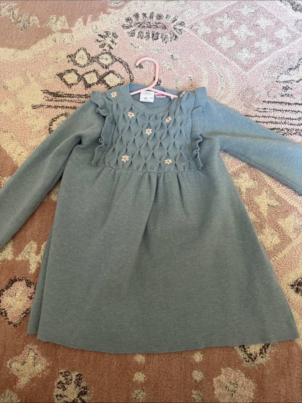 Zara Sage Green Knit Dress with Smocked Bodice and Floral Embroidery